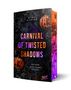 "Carnival of Twisted Shadows", Titel eines Buches. Halloween-Thema mit Kürbissen, Fledermäusen, Spinnweben, schwarzen Rosen., Buch