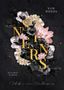 „SAM WOODS“, „REVERSE HAREM“, „Ich bin euer Untergang“. Blumen und goldene Buchstaben auf dunklem Hintergrund., Buch