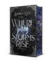 "Saskia Louis, Where Storms Rise" in stilisierter Schrift auf einem kunstvoll verzierten Buchcover mit floralen Mustern., Buch
