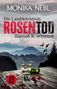 Monika Nebl, "Die Landdetektivin Rosentod". Zwei Sektgläser auf Tisch vor Alpenpanorama, rote Rosenblätter., Buch