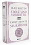Buchcover mit Büchertiteln: "Stolz und Vorurteil" von Jane Austen, "Sturmhöhe" von Emily Brontë. Verzierungen in Lila., Buch