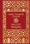 Text: "JAMES FENIMORE COOPER DER LETZTE MOHIKANER." Roter Hintergrund, goldene geometrische Muster., Buch