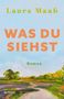 "Was du siehst" in großen orangenen Buchstaben, darunter "Roman". Landschaftsgemälde mit Bäumen und Fluss., Buch