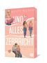 "UND ALLES ZERBRICHT", Illustrationen von jungen Menschen und Herzen auf einem rosa Hintergrund. Buchcover., Buch