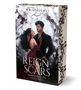 Buchtitel: "Reign of Scars: Marked by Blood". Illustration: Ein Paar in romantischer Pose, umgeben von Rosenranken.