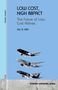 "LOW COST, HIGH IMPACT" gefolgt von "The Future of Low-Cost Airlines, Vol. 2: USA." Gezeichnete Flugzeuge auf blauem Hintergrund., Buch