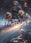 Text: "Perry Rhodan STARDUST" und "SPLITTER". Illustration: Futuristische Figuren in Raumanzügen vor einem Planeten mit Stadtlichtern., Buch