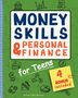 "Money Skills & Personal Finance for Teens. 4 Bonus included." Illustrationen: Bank, Diagramm, Geldsymbole auf grünem Grund., Buch