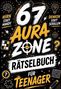 "67 AURA ZONE RÄTSELBUCH FÜR TEENAGER" in fetten, dynamischen Buchstaben auf schwarzem Hintergrund mit Rätselsymbolen., Buch