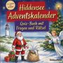 „Hiddensee Adventskalender: Quiz-Buch mit Fragen und Rätsel“. Illustration mit Santa, Engel, Baum und Leuchtturm am Strand., Buch