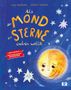 „Als der Mond die Sterne ordnen wollte“. Ein lächelnder Mond ordnet Sterne vor einem blauen Hintergrund., Buch