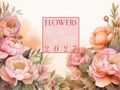 "Flowers Ein Jahr in Blüte 2027" – Illustration mit üppigen rosa und orange Blüten, umgeben von grünen Blättern.