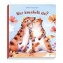 „Wer kuschelt da?“ von Sophia Drescher. Zwei Erdmännchen umarmen sich, umgeben von bunten Blumen., Buch