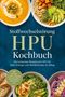 „Stoffwechselstörung HPU Kochbuch“ auf blauem Hintergrund, umgeben von Schüsseln mit bunten, gesunden Speisen., Buch