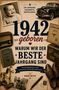 Ein Fotoalbum-Cover mit der Aufschrift: "1942 geboren. Warum wir der beste Jahrgang sind." Verschiedene Vintage-Objekte., Buch