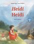 Titel: "Heidi Heidi". Oben: Johanna Spyri, Maja Dusíková. Unten: Deutsch-Italienisch. Illustration: Mädchen mit Ziege in Bergen.