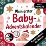 Text: "Mein erster Baby-Adventskalender", "24 KONTRASTBILDER", "Kontrastbuch für Babys". Baby in Weihnachtsmütze., Buch