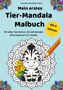 "Mein erstes Tier-Mandala Malbuch" steht auf einem blauen Hintergrund mit einem niedlichen Zebra und bunten Mandalas., Buch