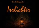 Text: "Dein Lieblingsautor", "Irrlichter". Eine Laterne beleuchtet den Boden in dunkler Umgebung, mystische Stimmung., Buch