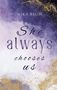 Text: "NIKA BLUM She always chooses us". Lila und weiße Aquarellmarmorierung mit goldenen Sprenkeln., Buch