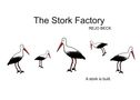 Text: "The Stork Factory", "REJO BECK", "A stork is built." Illustration von fünf stilisierten Störchen in verschiedenen Stadien., Buch