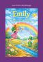 "Emily und der Zauber des Glücks" zeigt eine fliegende Fee mit Kleeblattflügeln über einem bunten Blumenfeld und Regenbogen., Buch