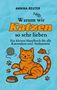 „Warum wir Katzen so sehr lieben“ von Annika Reuter. Illustration: lächelnde Katze, Wollknäuel, Maus, Fressnapf., Buch