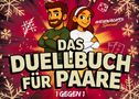 „Das Duellbuch für Paare“ – Weihnachts-Special. Zwei gezeichnete Figuren lehnen sich selbstsicher zurück., Buch
