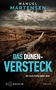 "Das Dünenversteck" von Manuel Martensen. Eine stürmische Landschaft mit einem Holzweg durch grasbewachsene Dünen., Buch