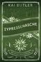 Text: "Kai Butler", "Zypressenasche", "San Amaro Investigations". Stadtsilhouette, Blumen, dekorative Elemente, Sonnen-Logo., Buch