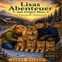 Buchtitel: "Lisas Abenteuer mit Onkel Max – Die Rettung der Wolfsfamilie". Illustration von Mädchen, Mann und Wölfen im Schnee., Buch