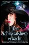 „Die Schicksalshexe erwacht“ von Regina Welling und Erin Lynn. Frau mit Hut, fingerauflegendes Schweigen, Blitze im Hintergrund., Buch