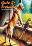 Oben steht "Gute Freunde". Ein Hund und ein Papagei schauen aus einem Fenster, in einer lebhaften Malerei., Buch