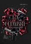 Text: "LA CUMBRE SEIN UNTERGANG" und "MAFIA ROMANCE". Ein Messer und eine Pistole sind über roten und schwarzen Blumen., Buch