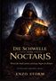 „Die Schwelle von Noctaris. Wenn die Stadt atmet, wird aus Angst ein Körper.“ Eine Figur in Kapuze hält ein leuchtendes Buch., Buch