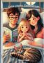 Oben steht „Gute Nacht Geschichten“, unten „Petra Pöpel“. Eine Familie liest im Bett eine Gute-Nacht-Geschichte mit Katze., Buch