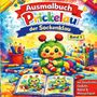 Buntes Ausmalbuch-Cover von "Prickelau der Sockenklau", Band 1. Mit grüner, flauschiger Raupe und vielen Buntstiften., Buch