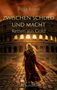 Text: "Biggi Kraus. ZWISCHEN SCHULD UND MACHT. Ketten aus Gold. Dark Romantasy." Frau in rotem Kleid vor antiker Ruine., Buch