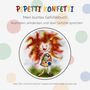 Text: Pipetti Konfetti. Mein buntes Gefühlebuch. Ausmalen, entdecken und über Gefühle sprechen. Illustration: Ein fröhliches Kind mit buntem Kleid und lockigem Haar., Buch