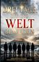 Titel: "Drei Tage, die die Welt bewegen". Sieben Personen stehen vor einem stürmischen Meer, im Hintergrund ein Vulkan., Buch
