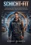 „SCHICHT-FIT“ oben. „Krafttraining, Meal-Prep und Schlaf-Routinen“ darunter. Industrieller Hintergrund mit Mann im Vordergrund., Buch