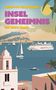 "BRIGITTE VOLLENBERG INSEL GEHEIMNIS EIN IBIZA KRIMI" in gelb und lila, mit Schiffen auf dem Meer und einer Insel im Hintergrund., Buch