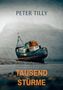 "PETER TILLY" oben, "TAUSEND STÜRME" unten. Ein altes, verlassenes Schiff liegt gekippt am Ufer, Berge im Hintergrund., Buch