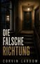 „DIE FALSCHE RICHTUNG“ und „CORVIN LARDOW“. Ein Treppenhaus mit dunkler Holztür, schwach beleuchtet., Buch
