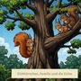 "Eichhörnchen, Familie und die Eiche", "Heribert Lange". Illustration von drei Eichhörnchen auf einer großen Eiche., Buch
