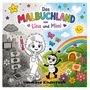 "Das Malbuchland von Lina und Mimi". Links graue Stadt, rechts farbenfrohe Landschaft mit Regenbogen, Sonne und Blumen., Buch