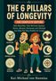 "The 6 Pillars of Longevity: Nutrition, Nervous System, Stress, Muscle, Hormones, Lifestyle. Zwei fröhliche Figuren.", Buch