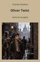 "Charles Dickens, Oliver Twist, Gekürzte Ausgabe." Ein Junge in zerlumpten Kleidern in einer belebten, altmodischen Stadtstraße., Buch