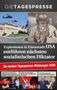 Explosionsgeräusche, Helikopter über Gebäude, Mann mit Flasche und Kopfhörern. Texte über Politik und Humor., Buch