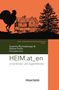Titel: HEIM.at_en. Abgebildet: Silhouette eines Hahns, Haus und Baum vor orangenem Hintergrund., Buch